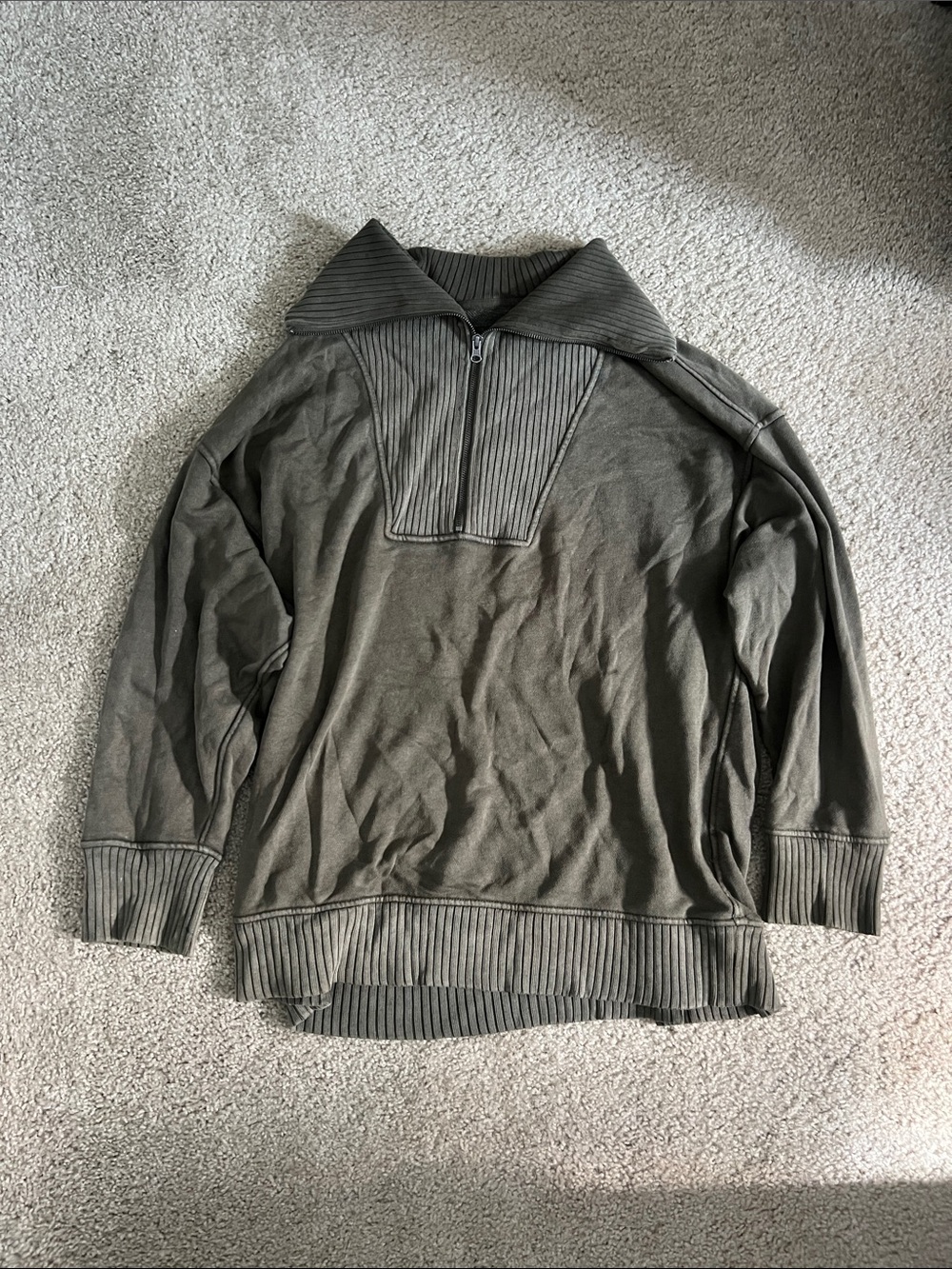 aerie Olive Green Ribbed Collar Quarter Zip Pullover Size L
